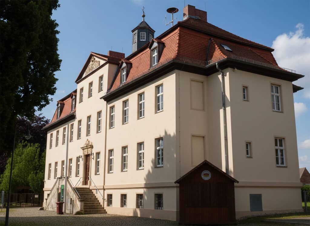 Das Herrenhaus in Rehmsdorf. Barrockes Gebäude, rotes Dach, gelbe Fassade